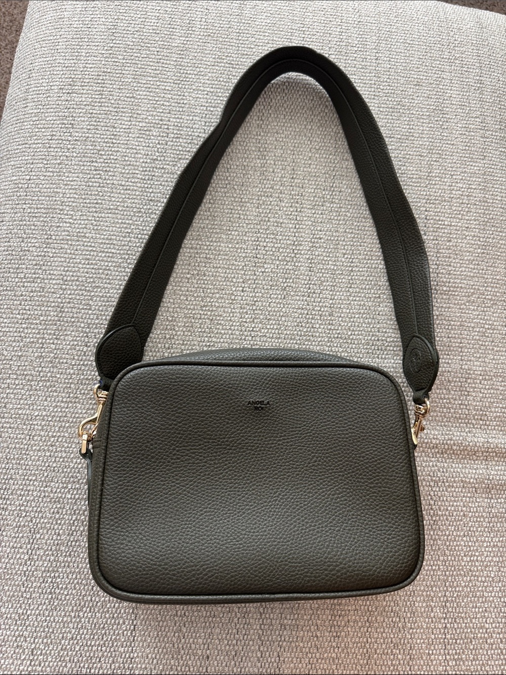 Angela Roi Olive Green Pebbled Leather Crossbody Camera Bag with Wide Strap